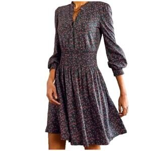 Boden Dress Womens US 6P Navy Blue Pink Floral Print Long Sleeve Smocked Midi